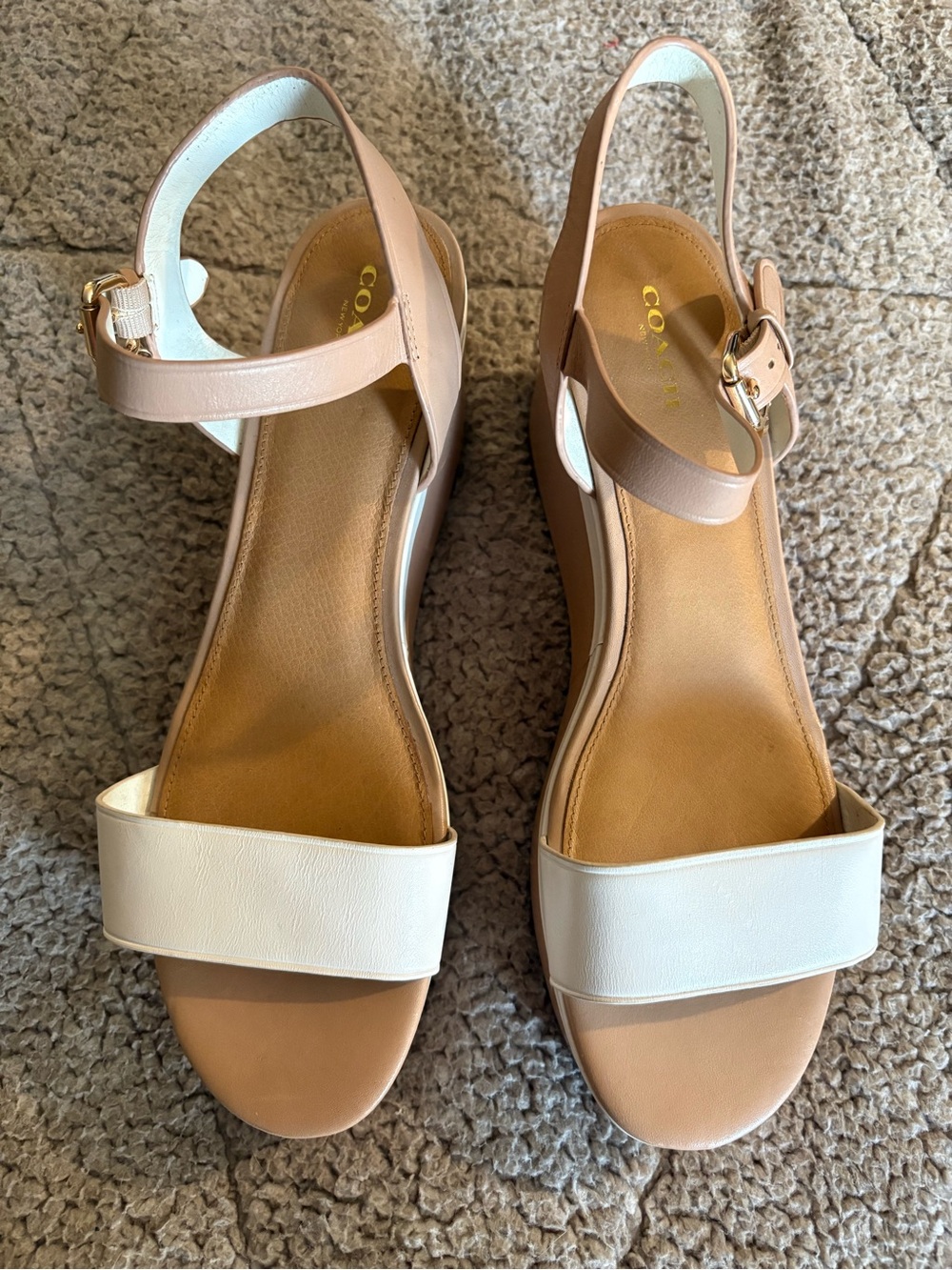 COACH Two-Tone Nude and White Wedge Sandals with Gold Buckle